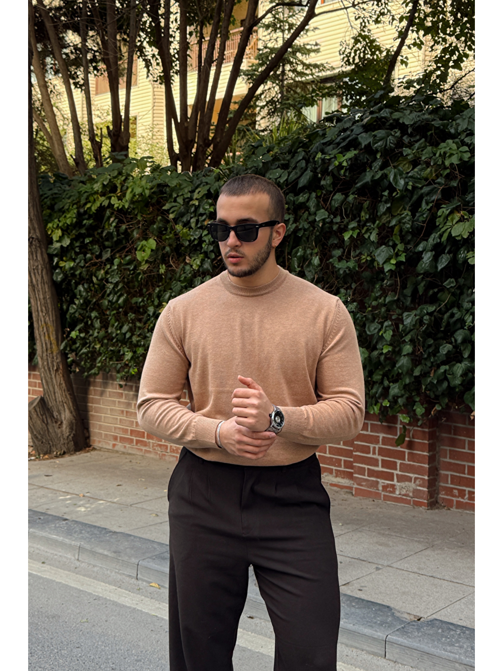 Bej Acton Erkek %100 Organik Pamuk Bisiklet Yaka Triko Kazak-1