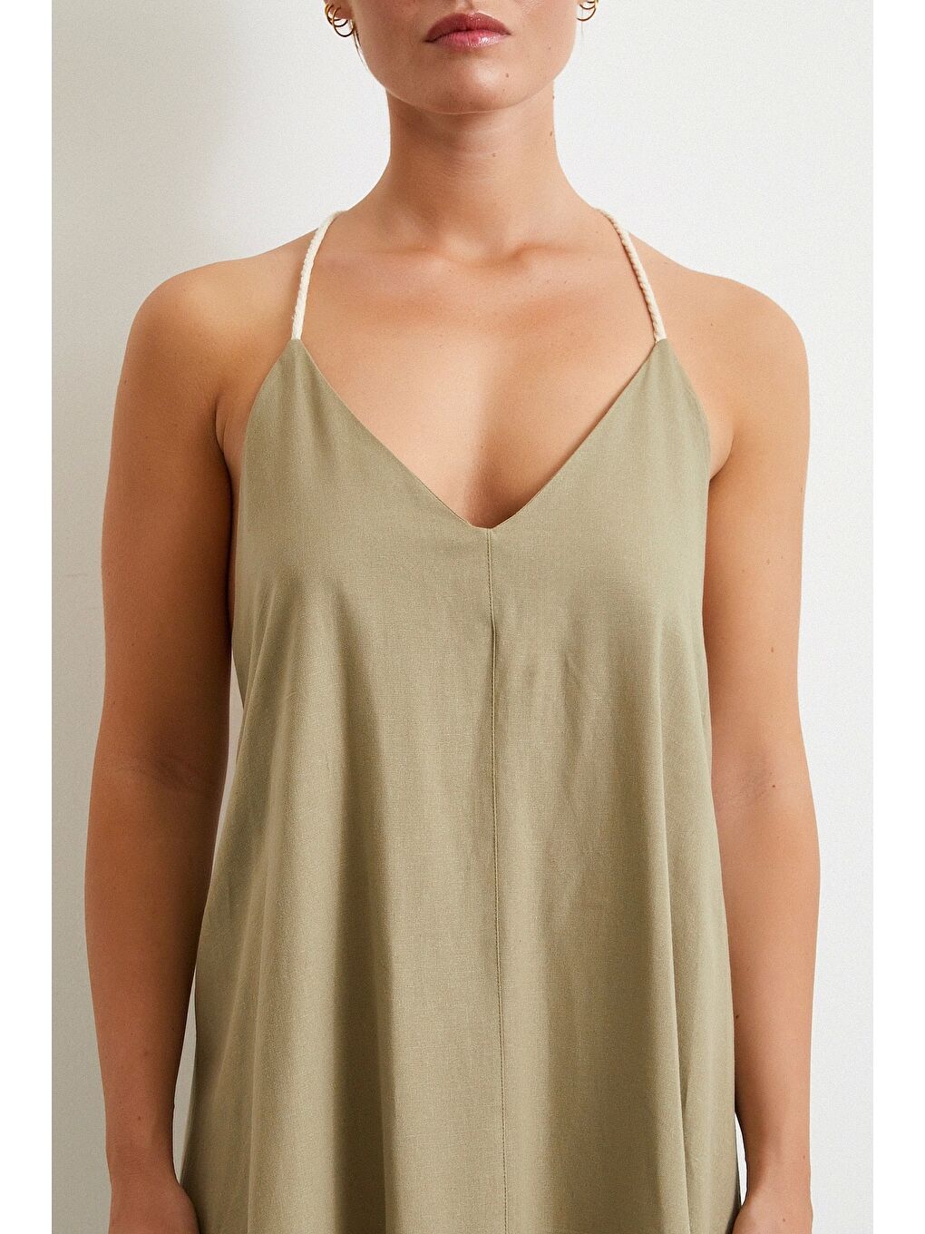 İp Askılı Keten Elbise Haki-4