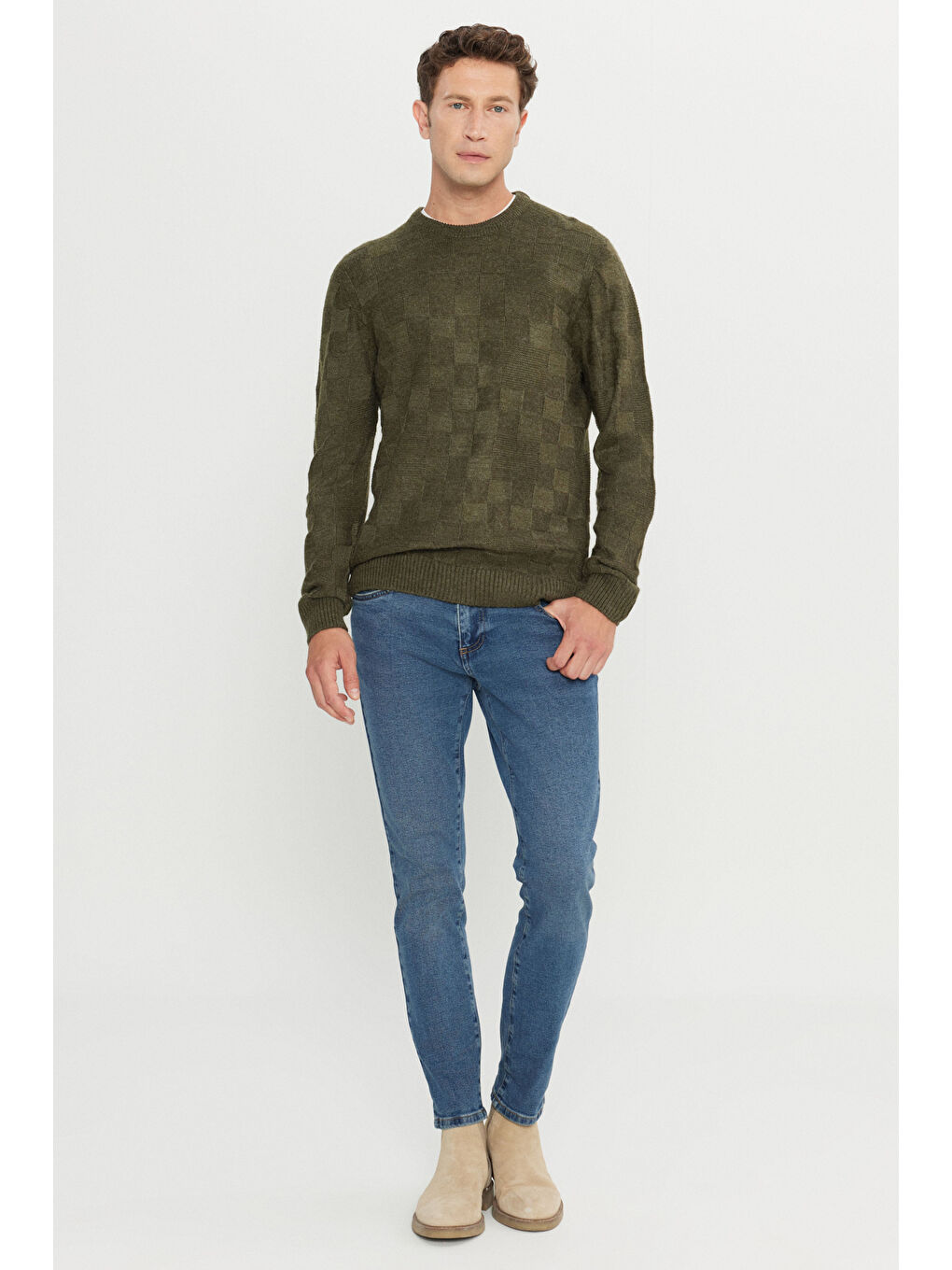 Erkek Haki Standart Fit Normal Kesim Bisiklet Yaka Jakarlı Triko Kazak-1