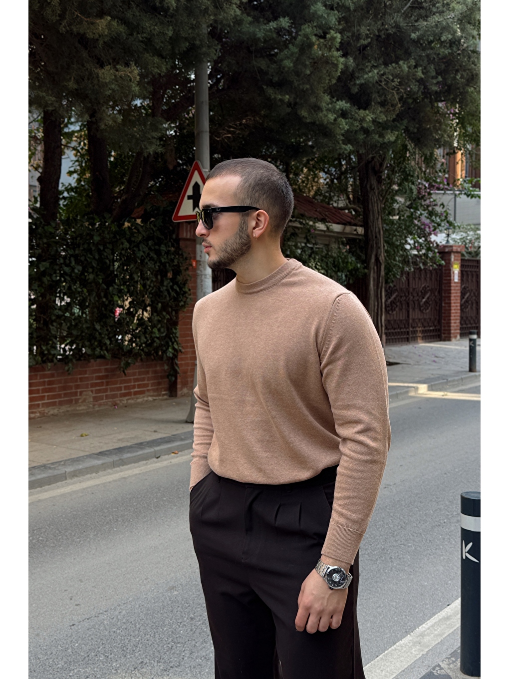 Bej Acton Erkek %100 Organik Pamuk Bisiklet Yaka Triko Kazak-3