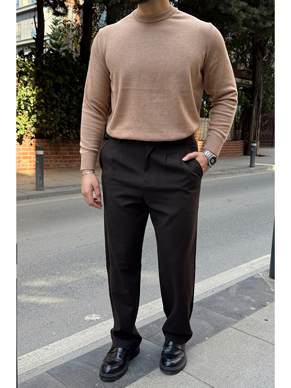 Bej Acton Erkek %100 Organik Pamuk Bisiklet Yaka Triko Kazak-4