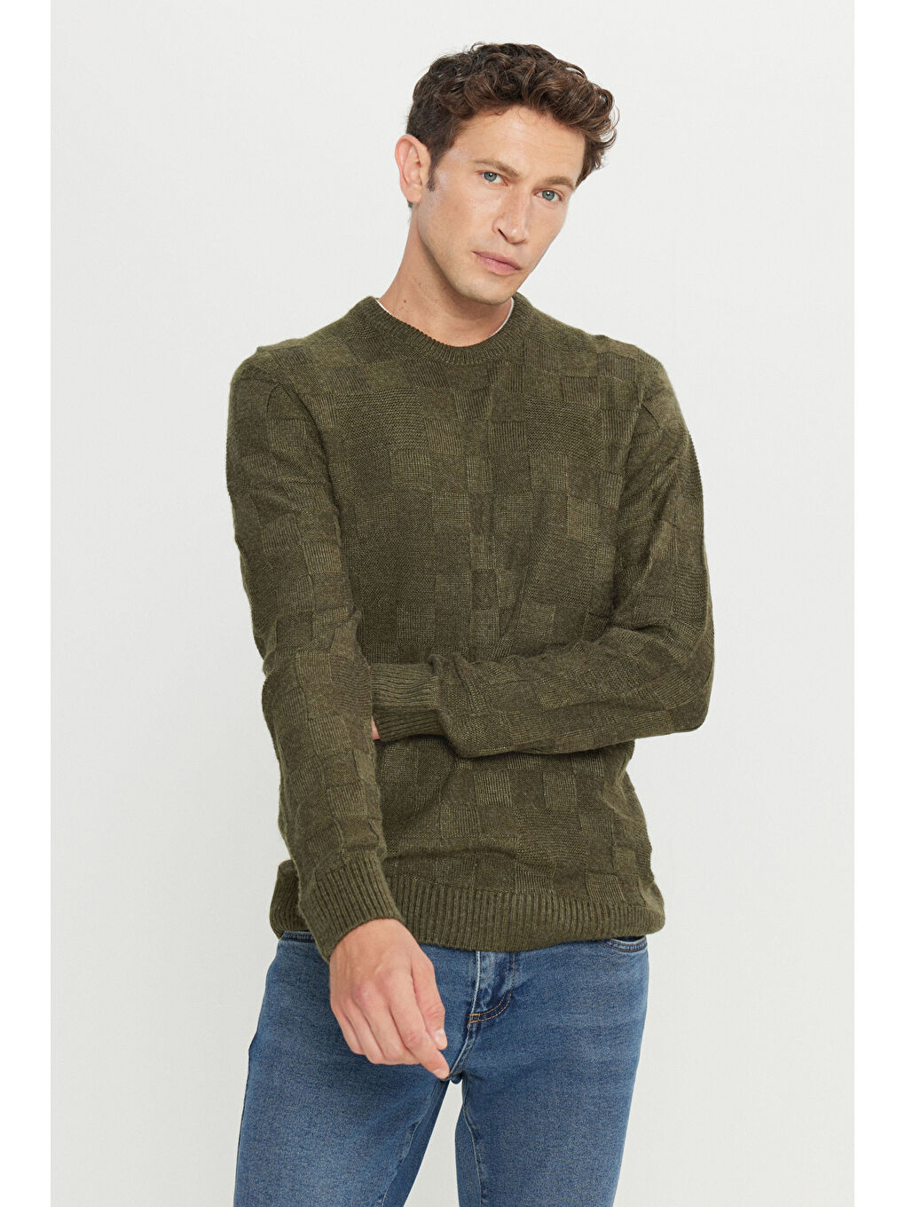 Erkek Haki Standart Fit Normal Kesim Bisiklet Yaka Jakarlı Triko Kazak-2