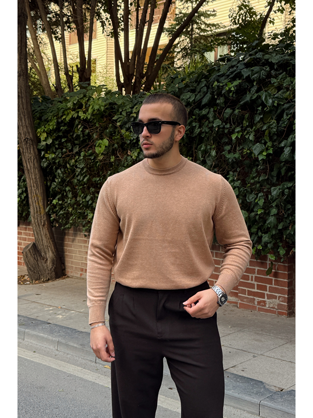 Bej Acton Erkek %100 Organik Pamuk Bisiklet Yaka Triko Kazak-6