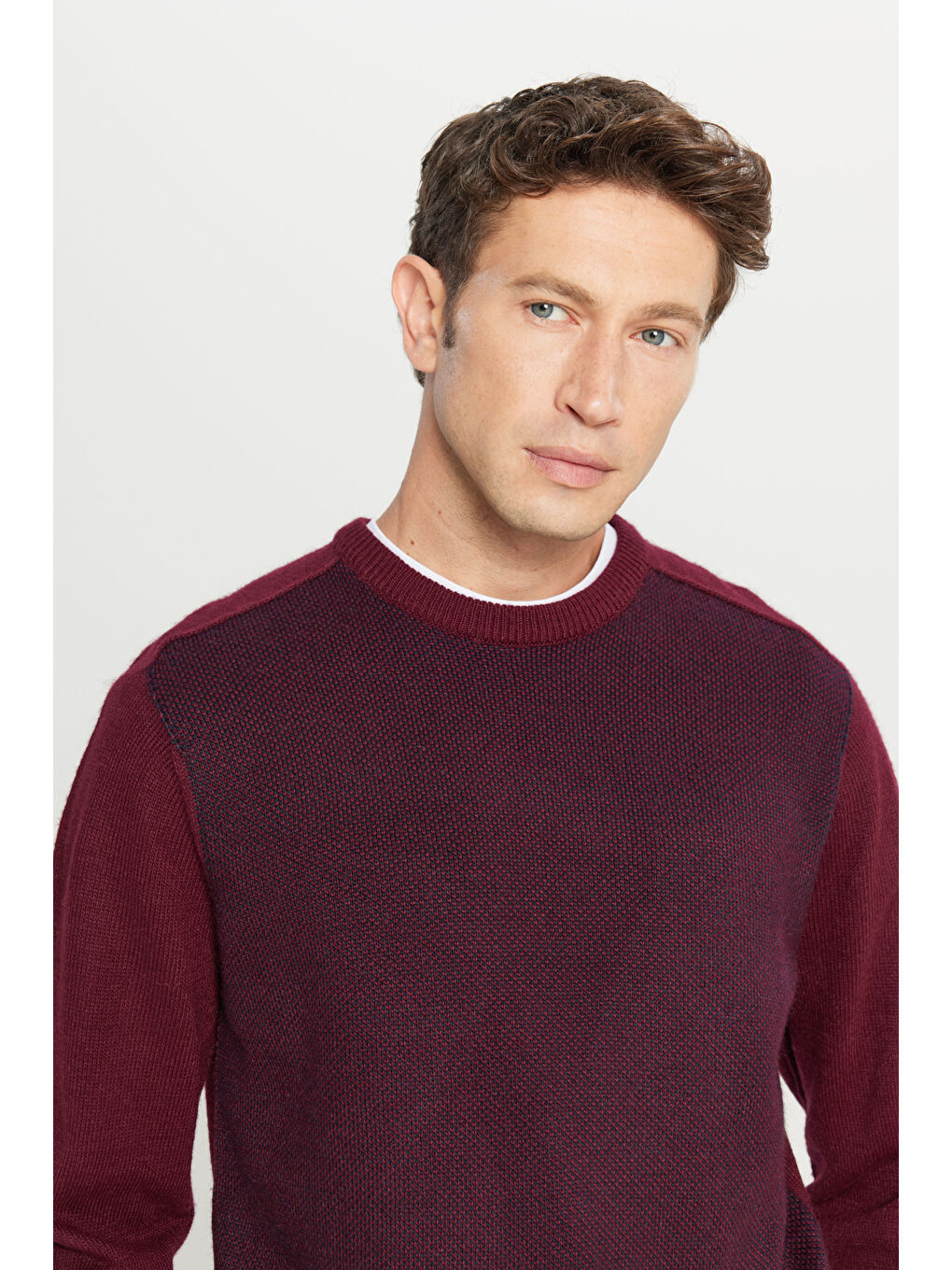 Erkek Bordo-Lacivert Standart Fit Normal Kesim Bisiklet Yaka Jakarlı Triko Kazak-3