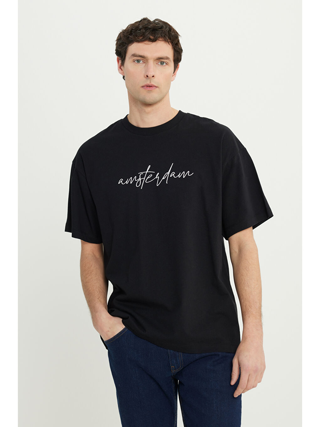 Erkek Siyah-Beyaz Oversize %100 Pamuk Geniş Kesim Baskılı Bisiklet Yaka Tişört