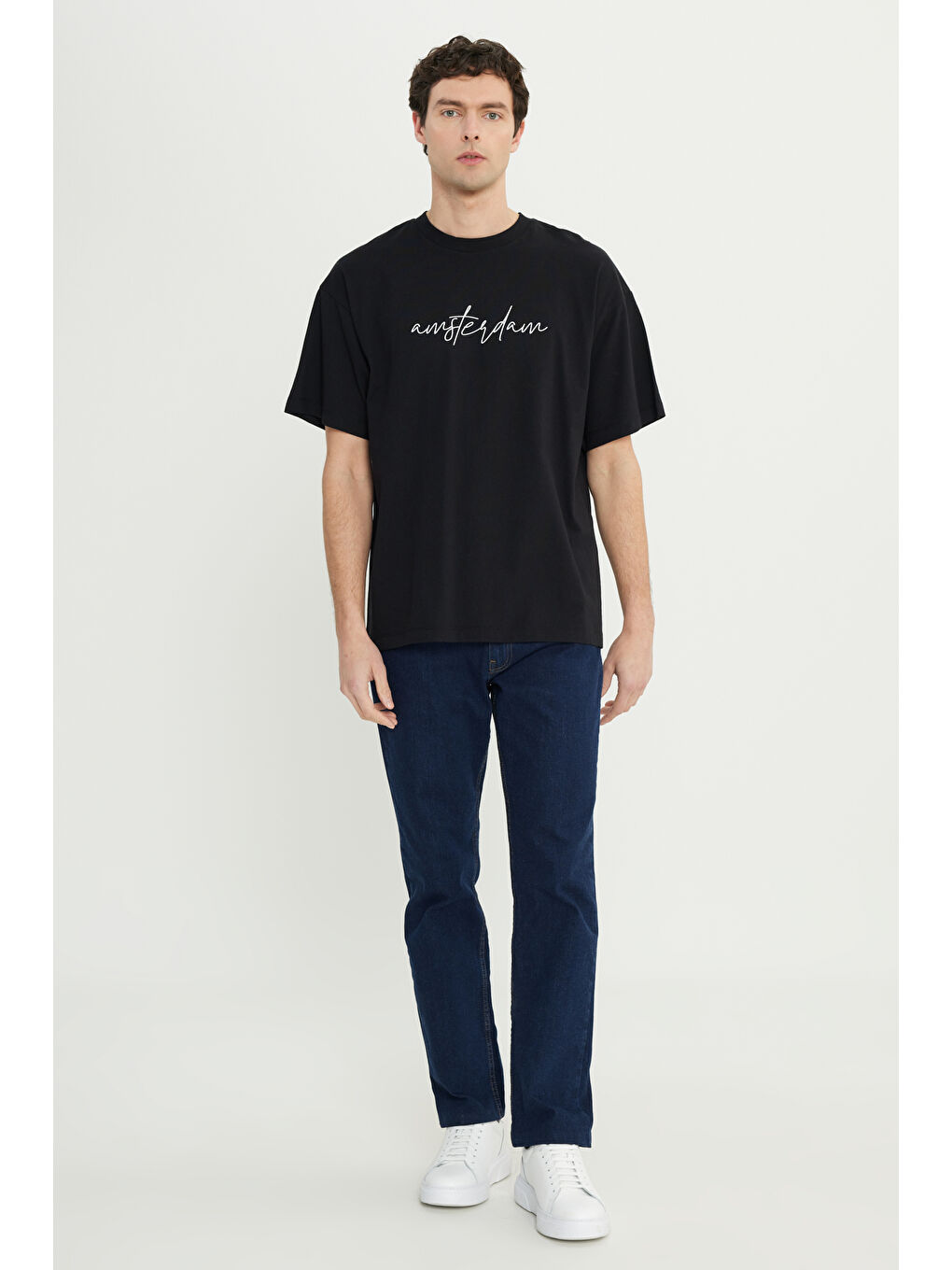 Erkek Siyah-Beyaz Oversize %100 Pamuk Geniş Kesim Baskılı Bisiklet Yaka Tişört-1