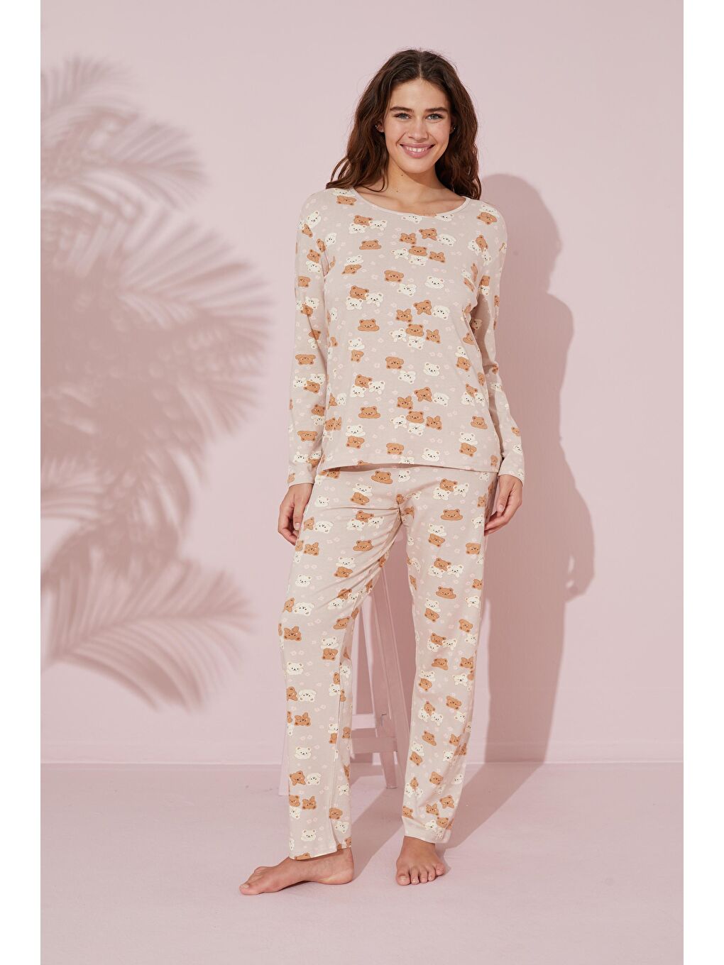 Bej Ayıcık Desenli Pamuklu Örme Pijama Takım 24241098