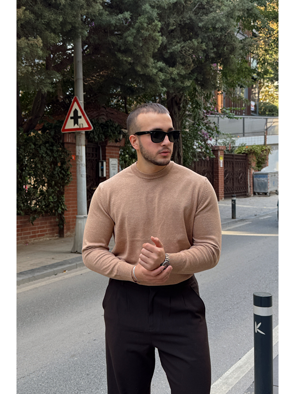 Bej Acton Erkek %100 Organik Pamuk Bisiklet Yaka Triko Kazak-9