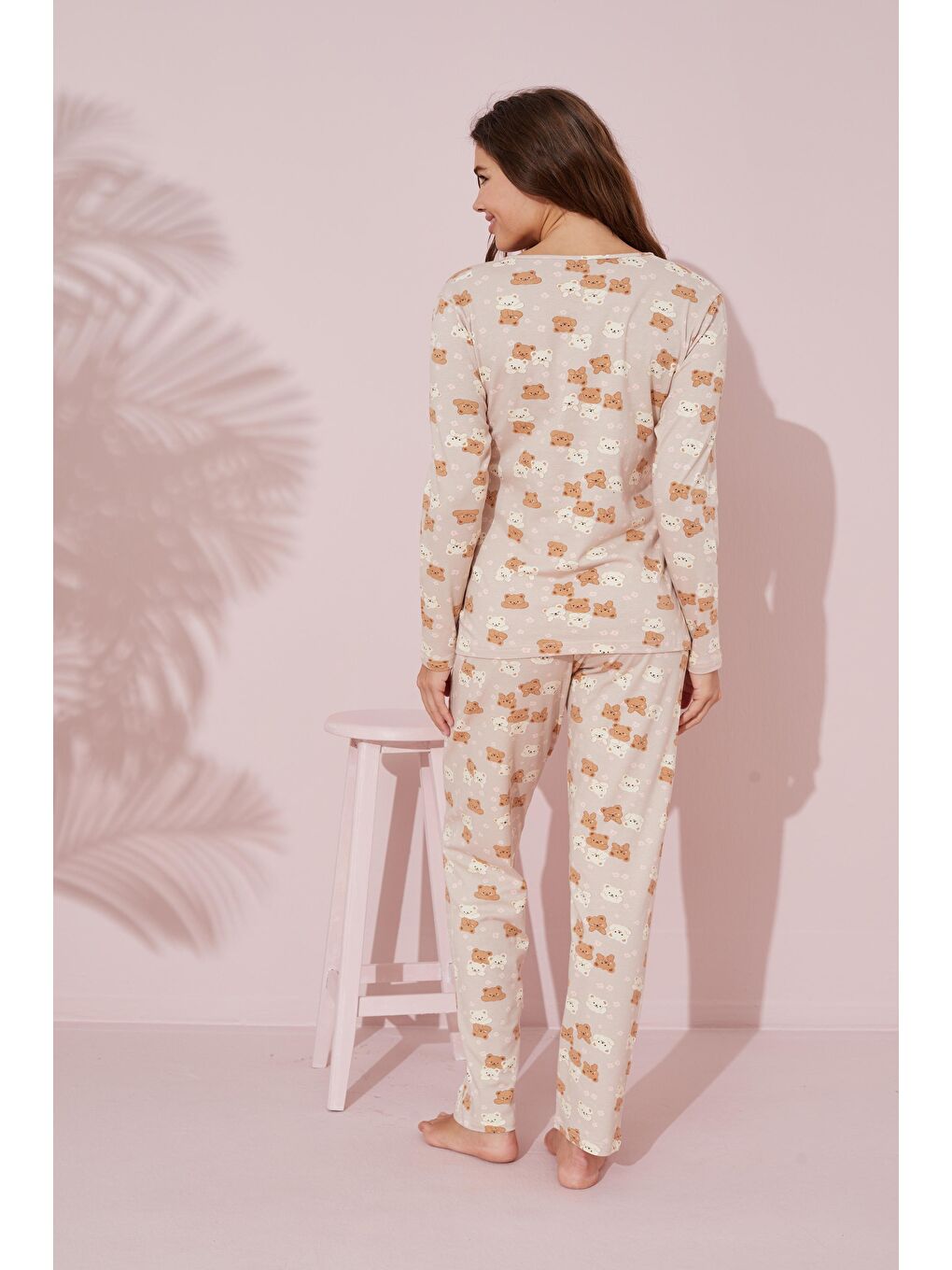 Bej Ayıcık Desenli Pamuklu Örme Pijama Takım 24241098-1