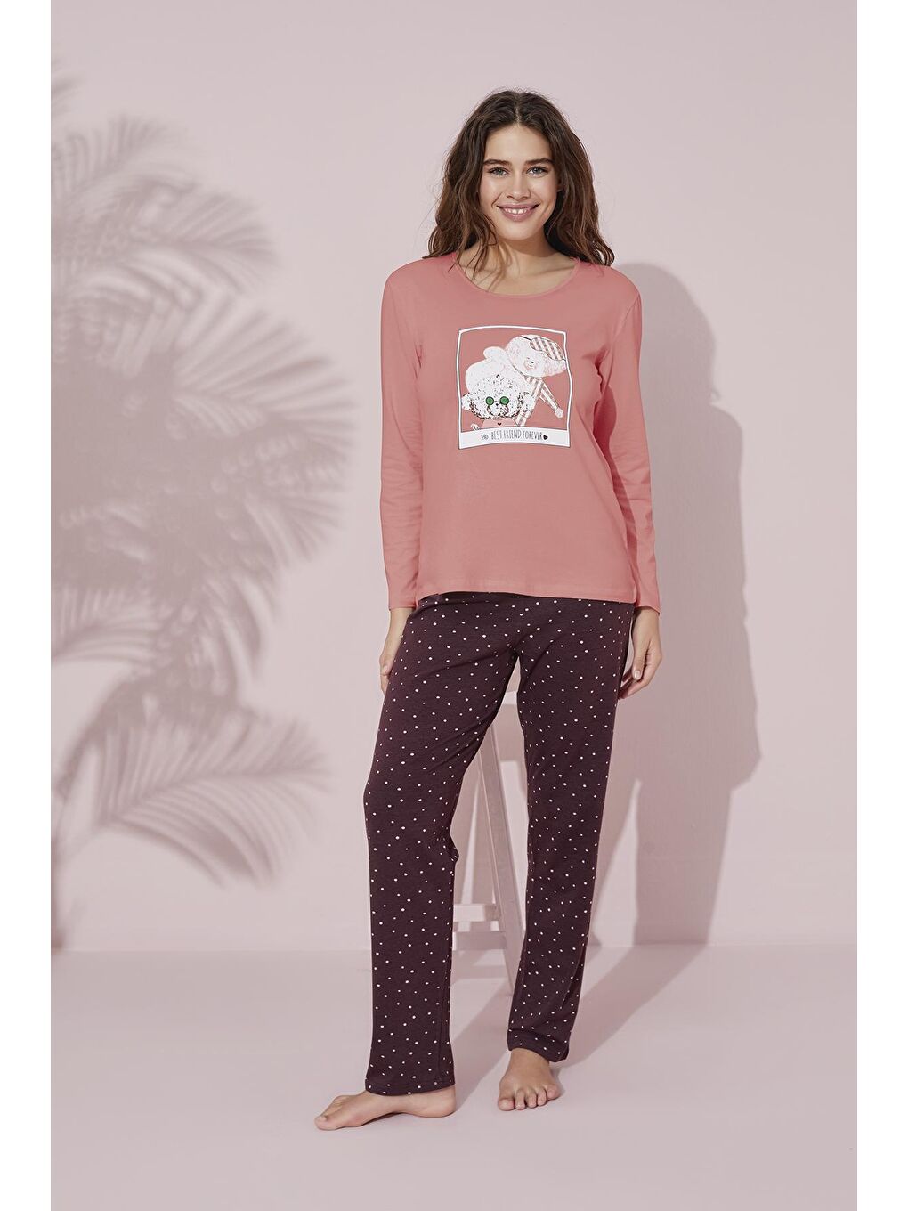 Pembe Koyu Somon Baskılı Pamuklu Örme Pijama Takım 24241103