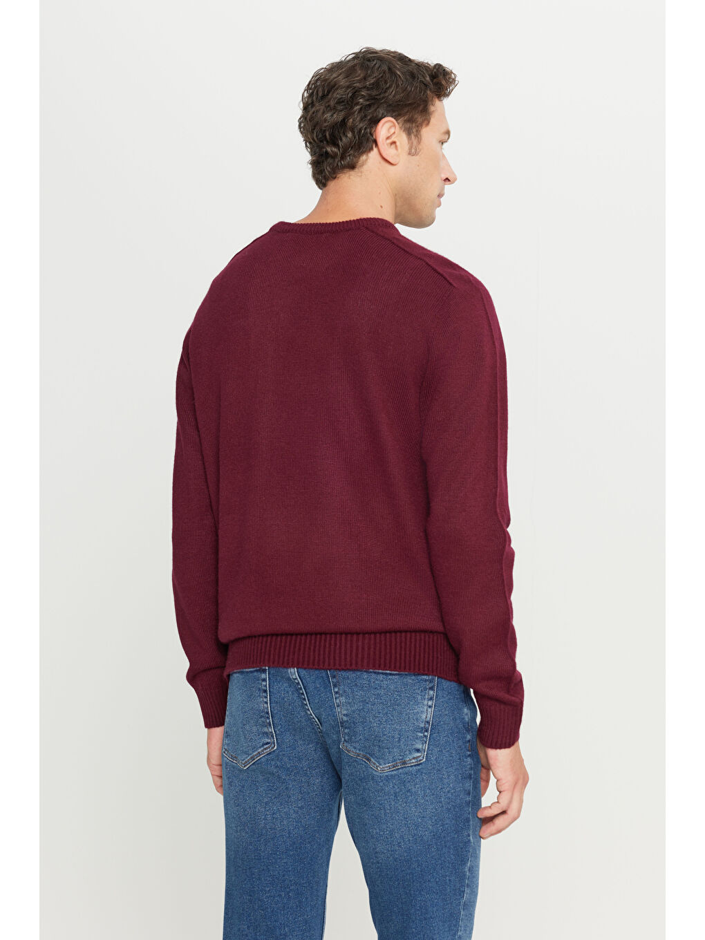 Erkek Bordo-Lacivert Standart Fit Normal Kesim Bisiklet Yaka Jakarlı Triko Kazak-4