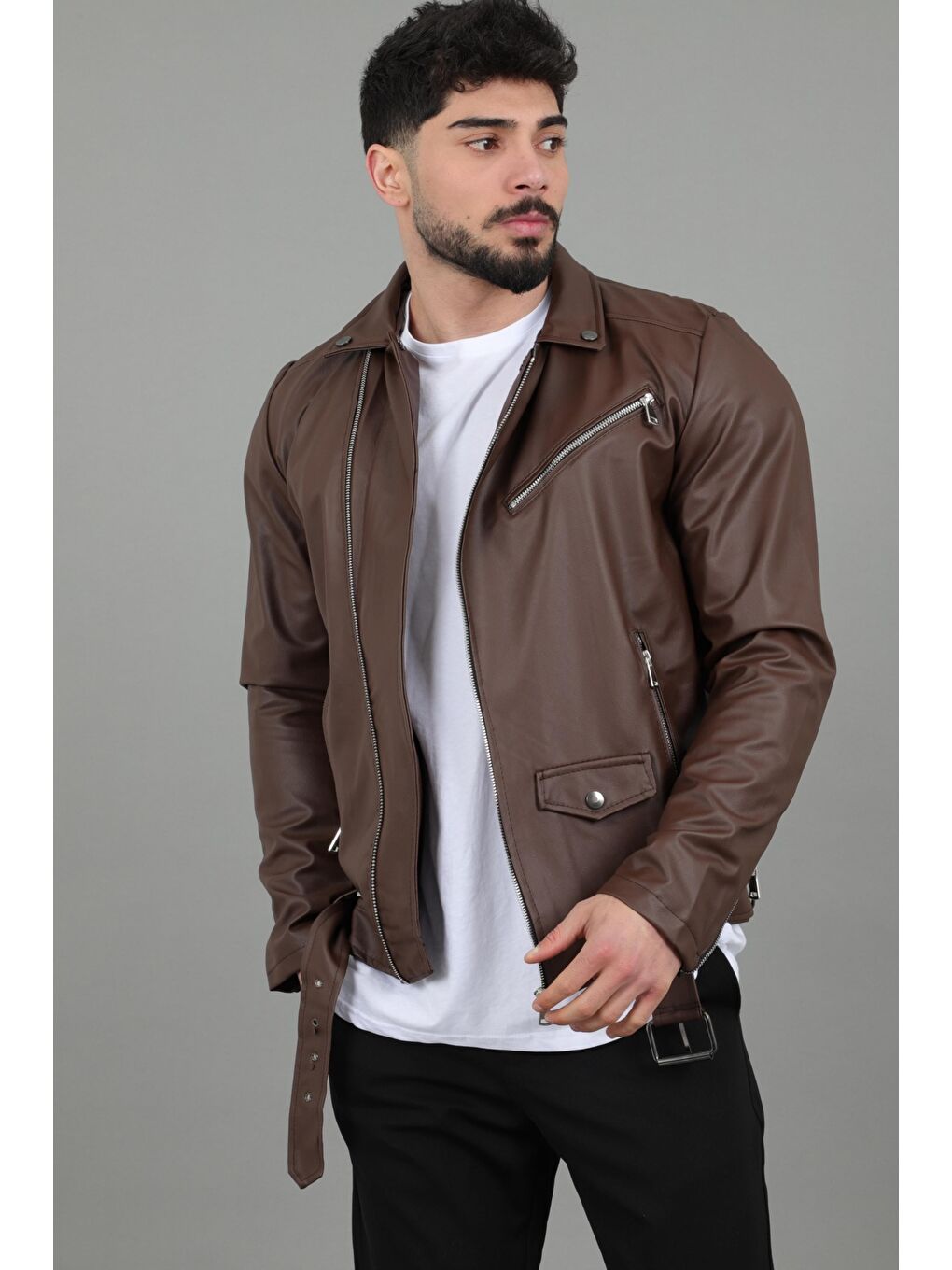 Kahverengi Stil Kombin Kuzey Beli Kemerli Suni Deri Ceket BL 1261