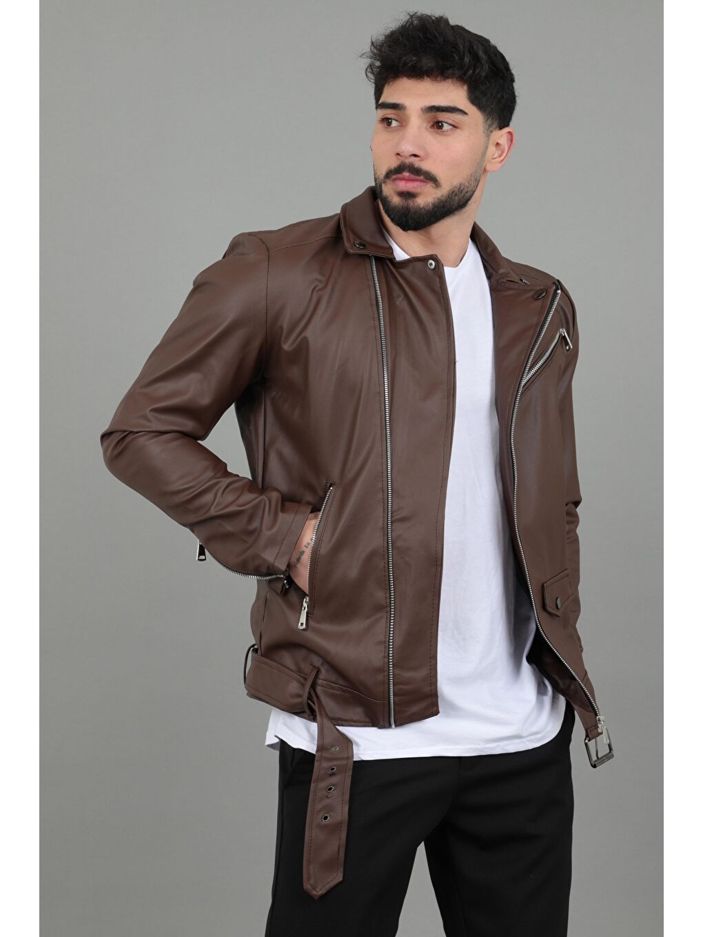 Kahverengi Stil Kombin Kuzey Beli Kemerli Suni Deri Ceket BL 1261-1