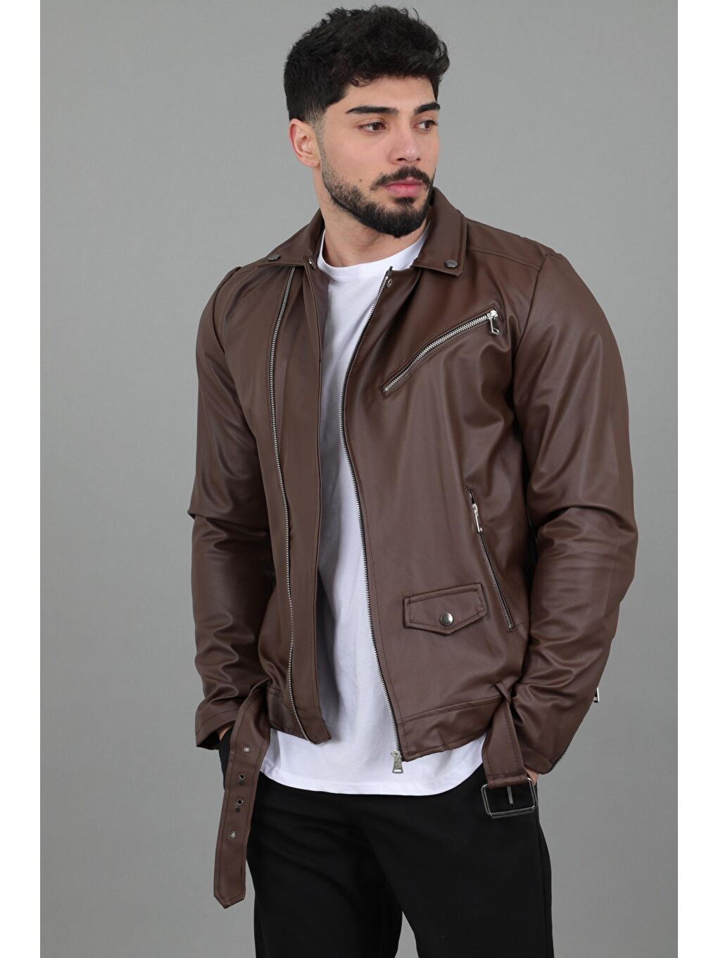 Kahverengi Stil Kombin Kuzey Beli Kemerli Suni Deri Ceket BL 1261-2