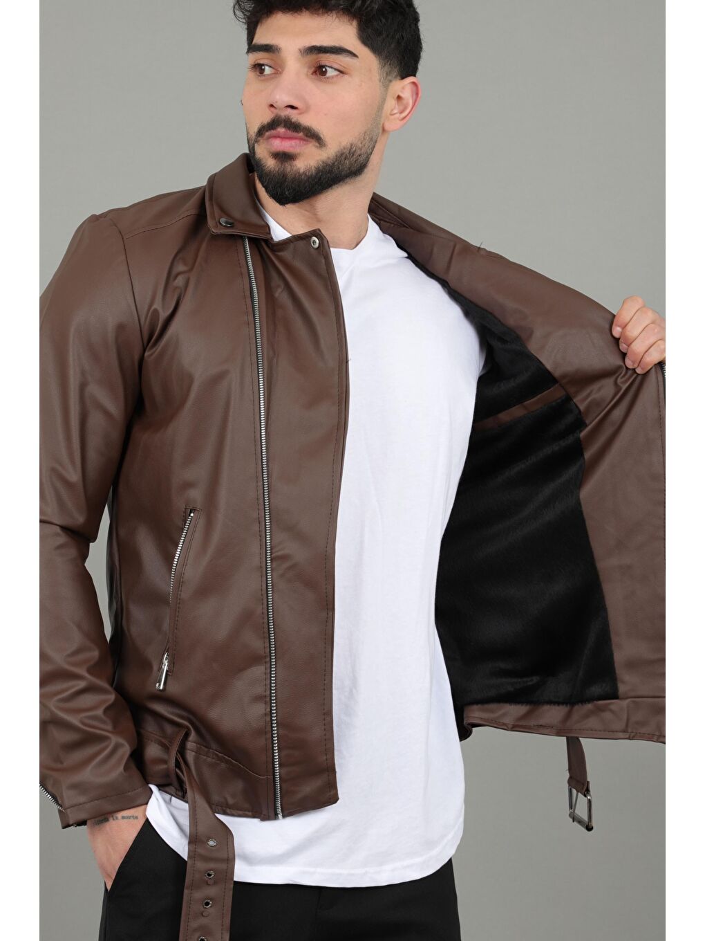 Kahverengi Stil Kombin Kuzey Beli Kemerli Suni Deri Ceket BL 1261-3