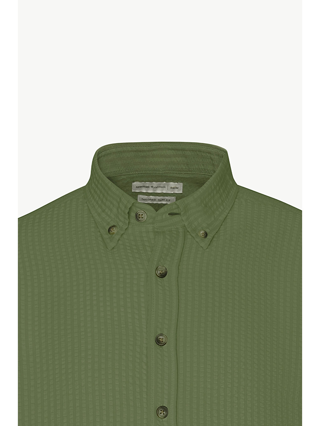 Erkek Haki Slim Fit Dar Kesim Keten Görünümlü Gofre Desenli Düğmeli Yaka Gömlek-8