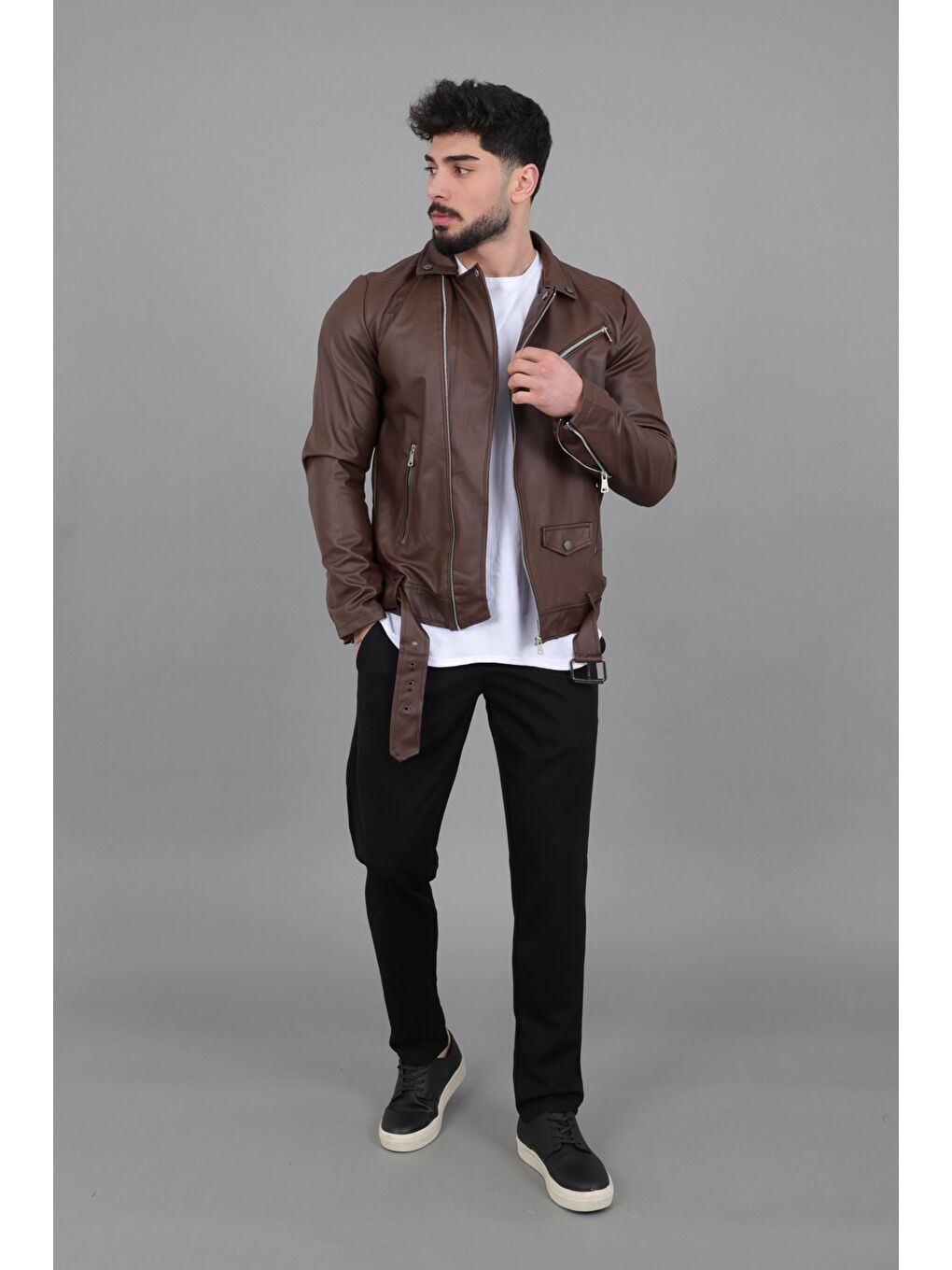 Kahverengi Stil Kombin Kuzey Beli Kemerli Suni Deri Ceket BL 1261-4