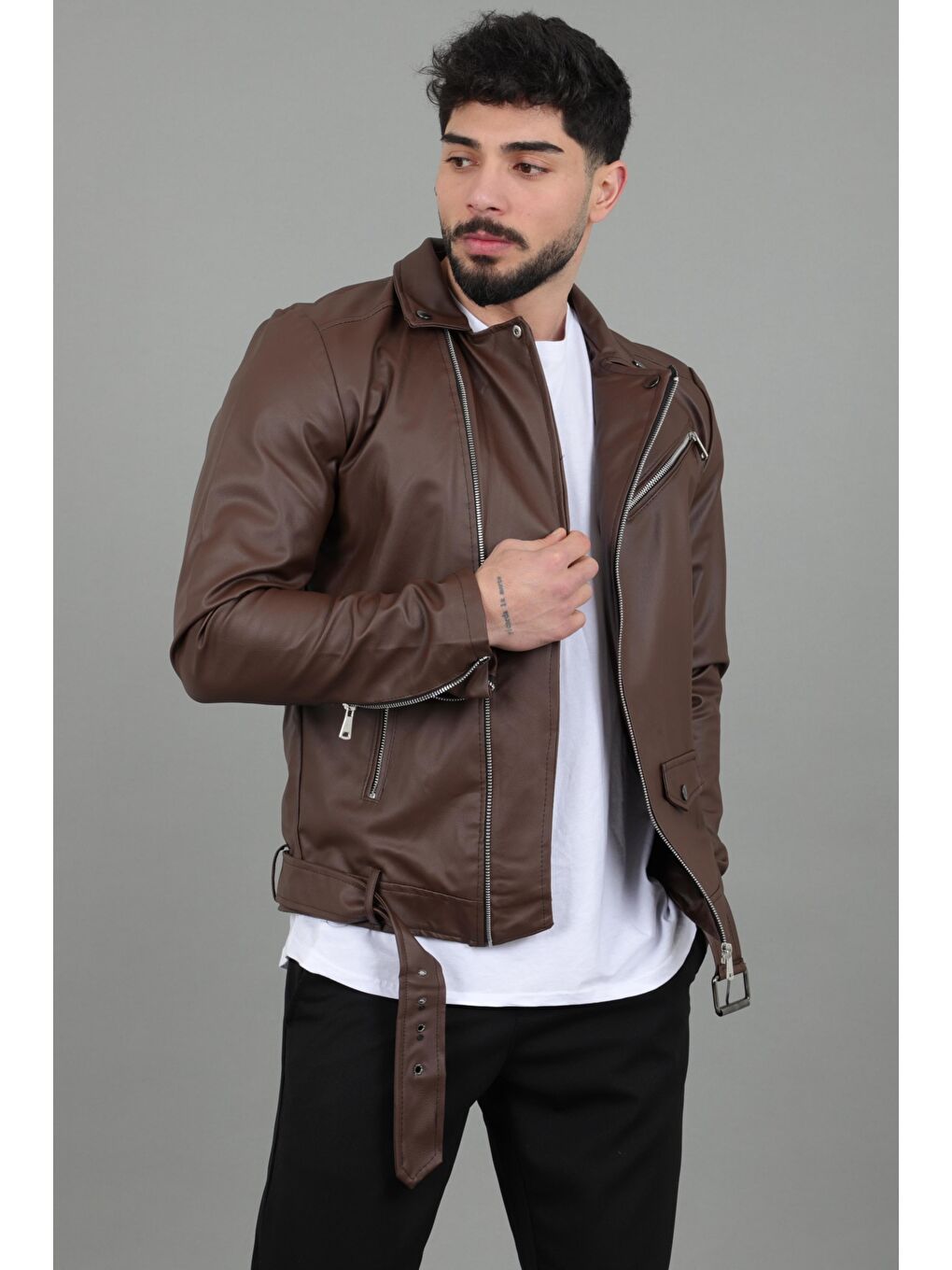 Kahverengi Stil Kombin Kuzey Beli Kemerli Suni Deri Ceket BL 1261-5