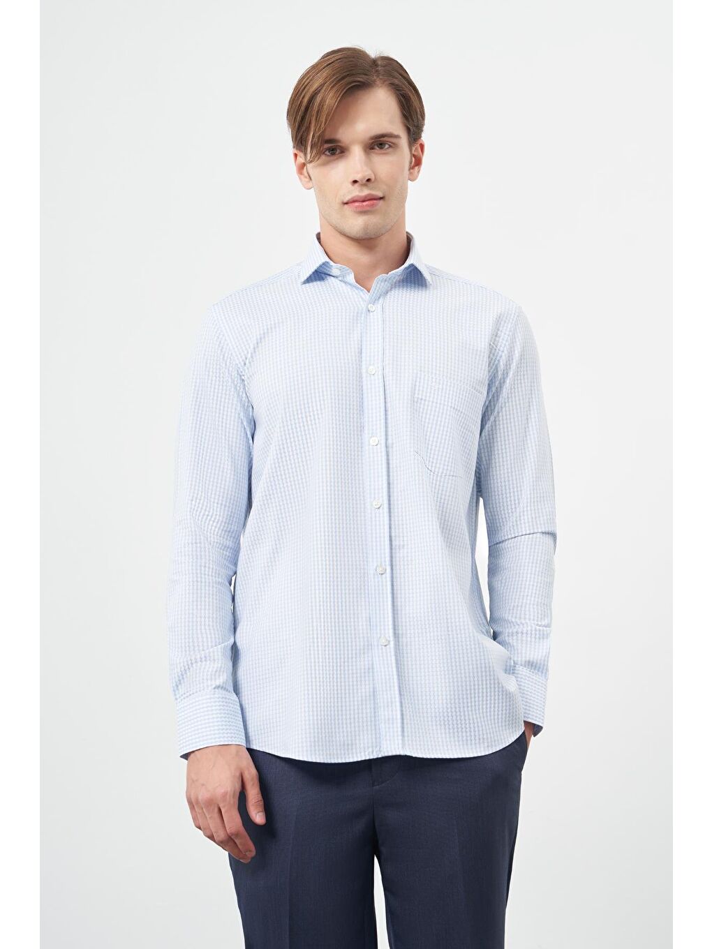 Koyu Mavi Uzun Kol Kazayağı Desen Yarım İtalyan Cepli Classic Comfort Fit Gömlek 1004245189