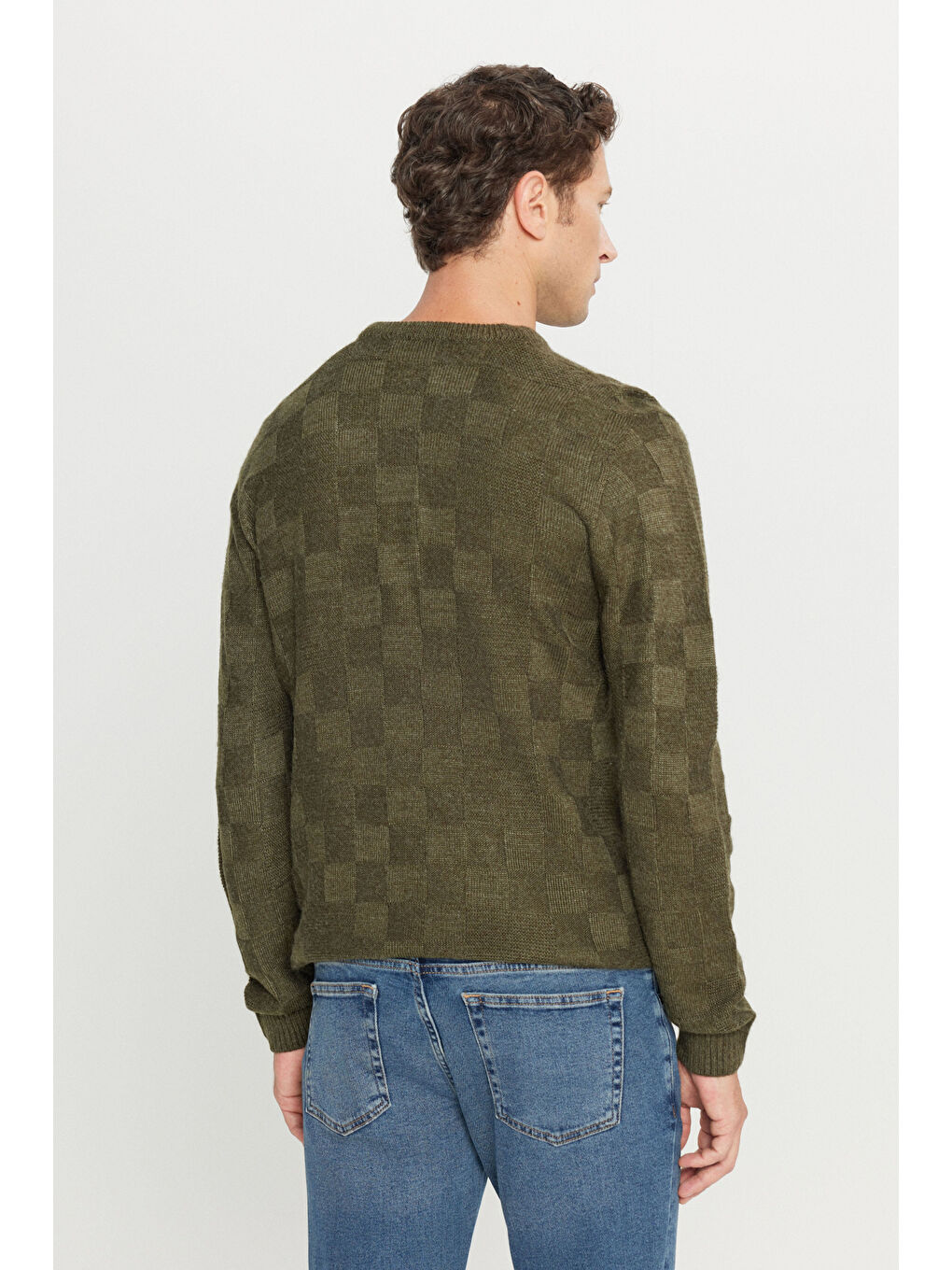 Erkek Haki Standart Fit Normal Kesim Bisiklet Yaka Jakarlı Triko Kazak-4