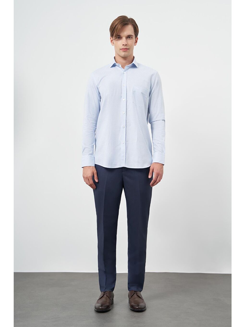 Koyu Mavi Uzun Kol Kazayağı Desen Yarım İtalyan Cepli Classic Comfort Fit Gömlek 1004245189-1