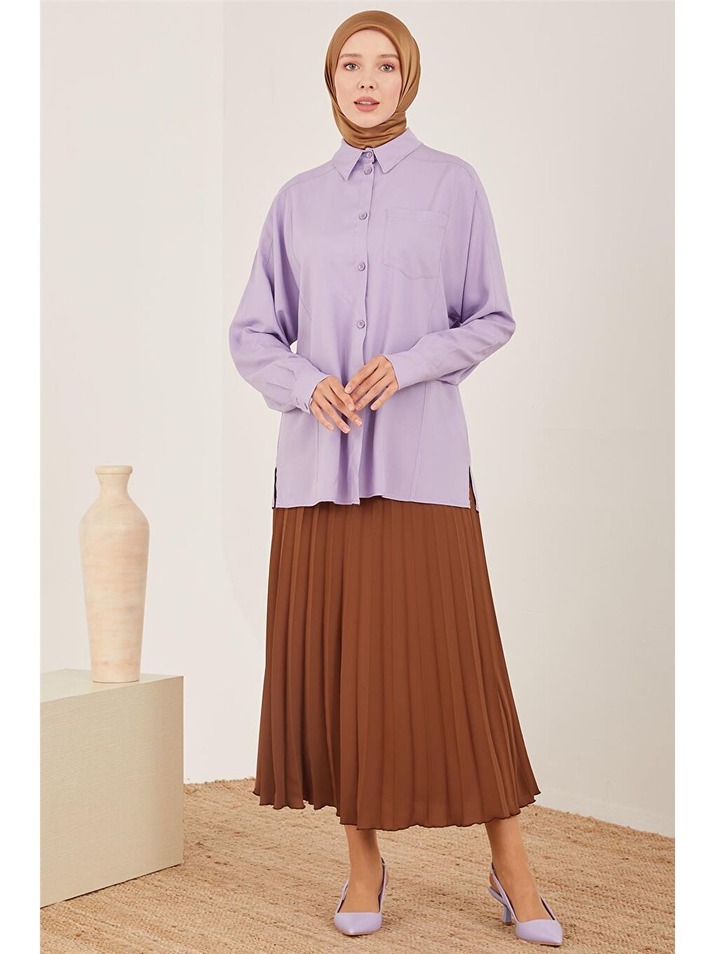 Mor Bedeni Kup Detaylı Oversize Gömlek 23Y3338-1