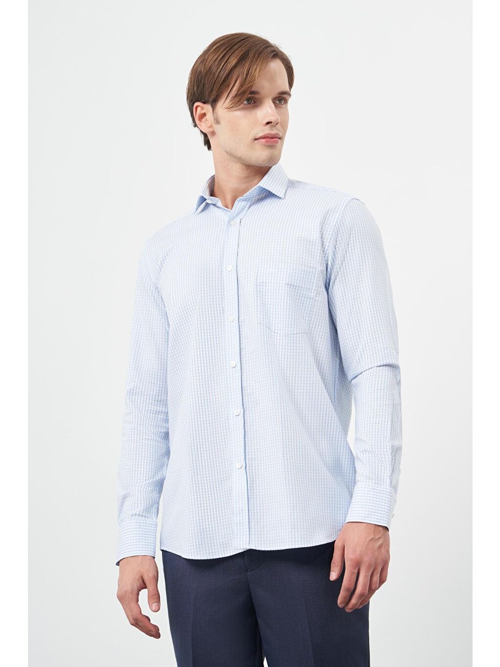 Koyu Mavi Uzun Kol Kazayağı Desen Yarım İtalyan Cepli Classic Comfort Fit Gömlek 1004245189-2