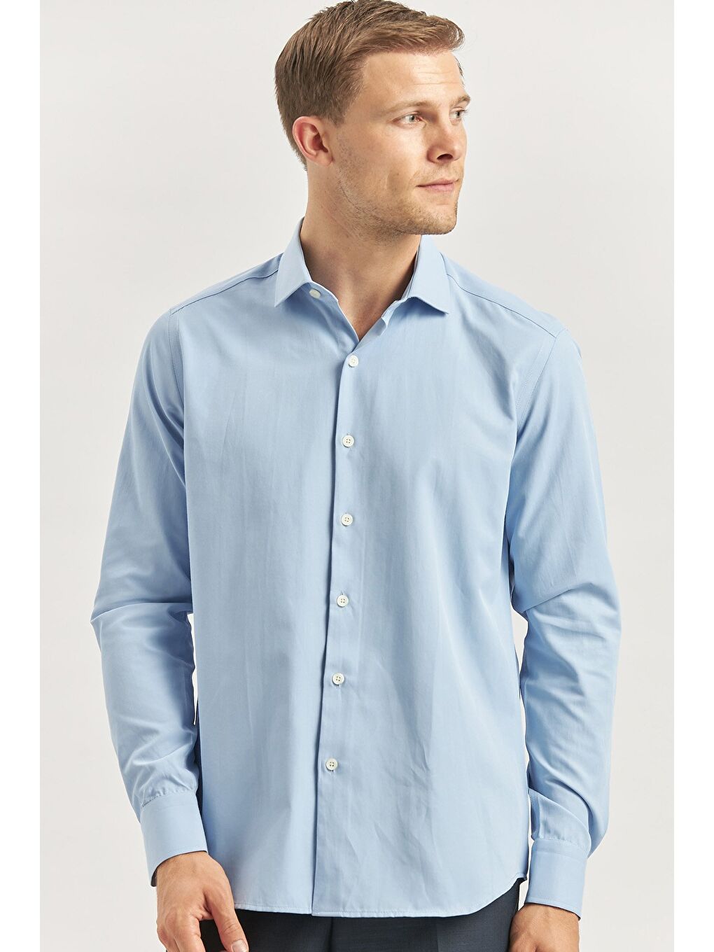 Mavi Uzun Kol Düz Bez Ayağı Yarım İtalyan Yaka Classic Slim Fit Gömlek 1004240268