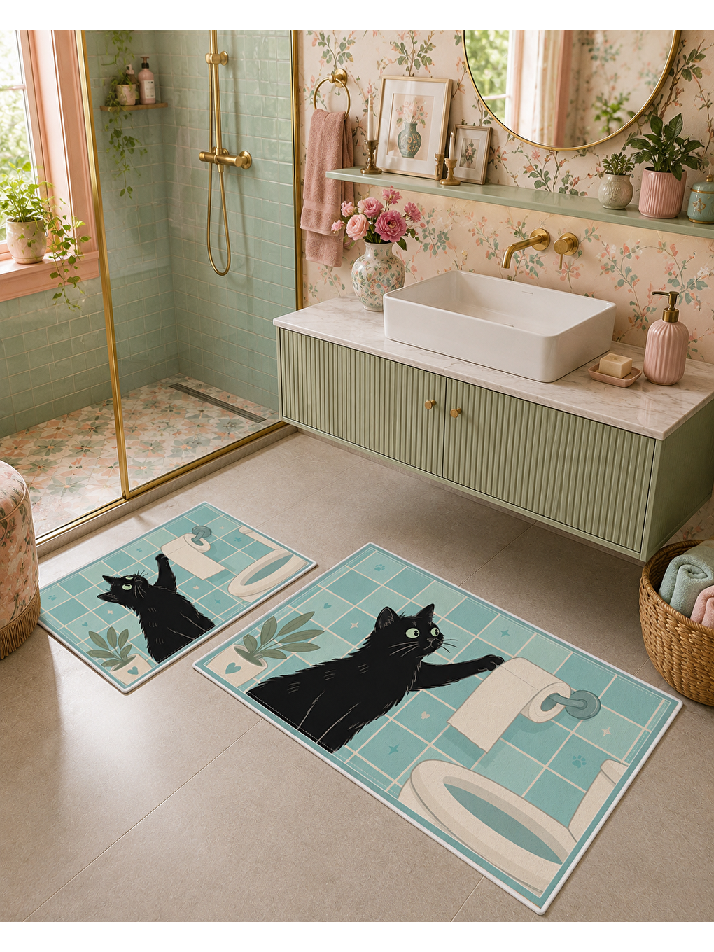 Siyah Kedi Desenli Kaymaz Taban Banyo Paspası 2’li Set Mint Mavi Çocuk Banyo Halısı