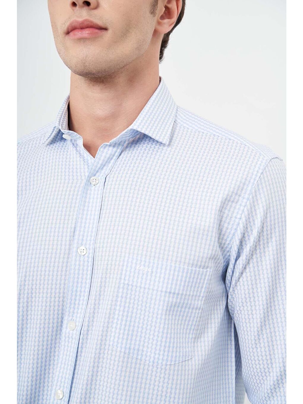 Koyu Mavi Uzun Kol Kazayağı Desen Yarım İtalyan Cepli Classic Comfort Fit Gömlek 1004245189-3