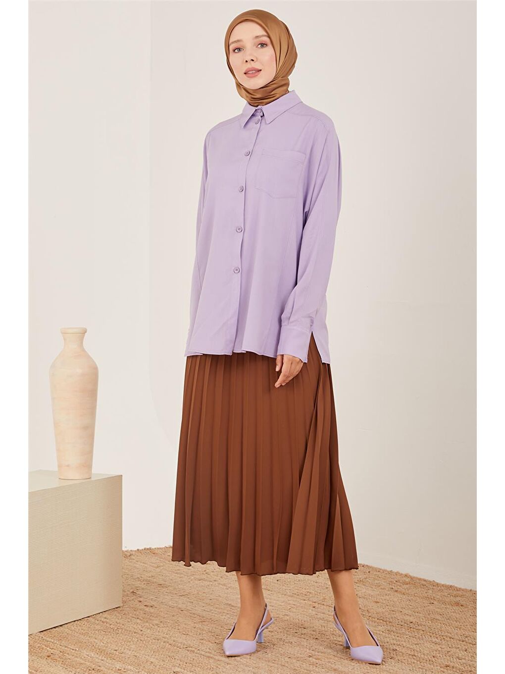 Mor Bedeni Kup Detaylı Oversize Gömlek 23Y3338-2