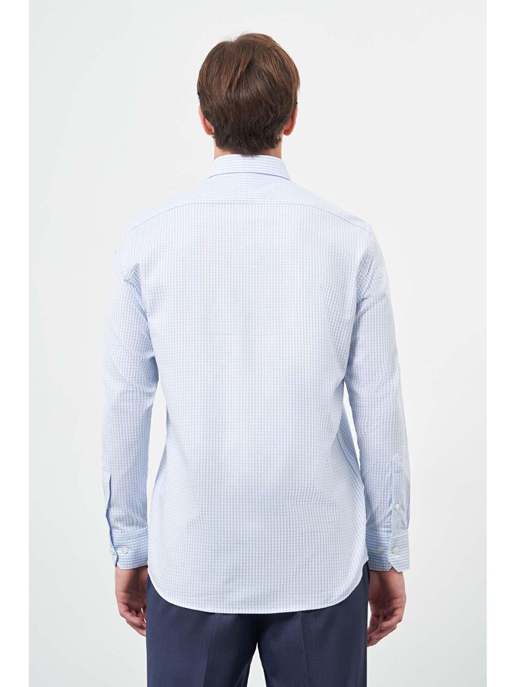 Koyu Mavi Uzun Kol Kazayağı Desen Yarım İtalyan Cepli Classic Comfort Fit Gömlek 1004245189-4