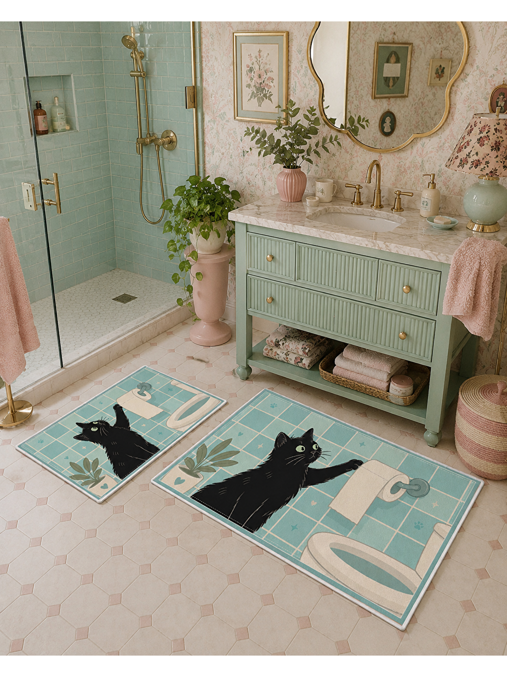 Siyah Kedi Desenli Kaymaz Taban Banyo Paspası 2’li Set Mint Mavi Çocuk Banyo Halısı-1
