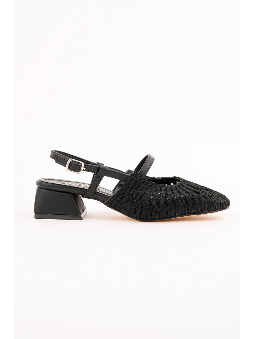 Siyah MESH Kadın Örgü ve File Detaylı Bantlı Arkası Açık Kısa Topuklu Ayakkabı