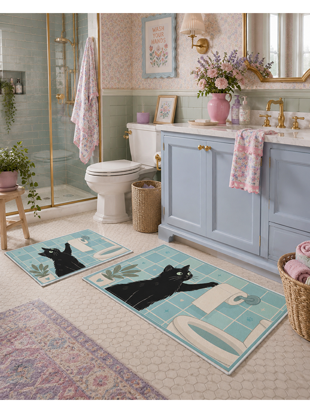 Siyah Kedi Desenli Kaymaz Taban Banyo Paspası 2’li Set Mint Mavi Çocuk Banyo Halısı-2