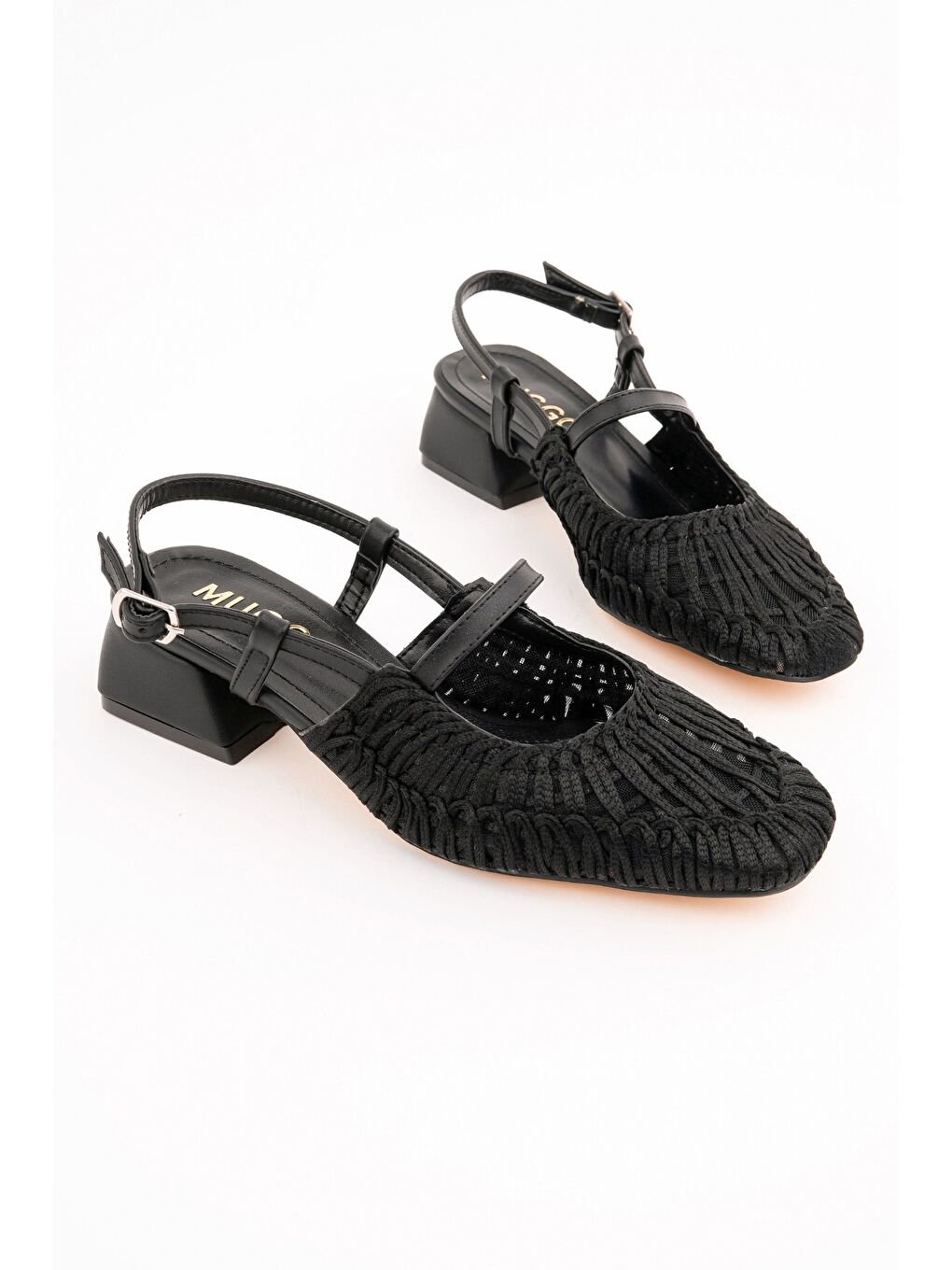 Siyah MESH Kadın Örgü ve File Detaylı Bantlı Arkası Açık Kısa Topuklu Ayakkabı-1