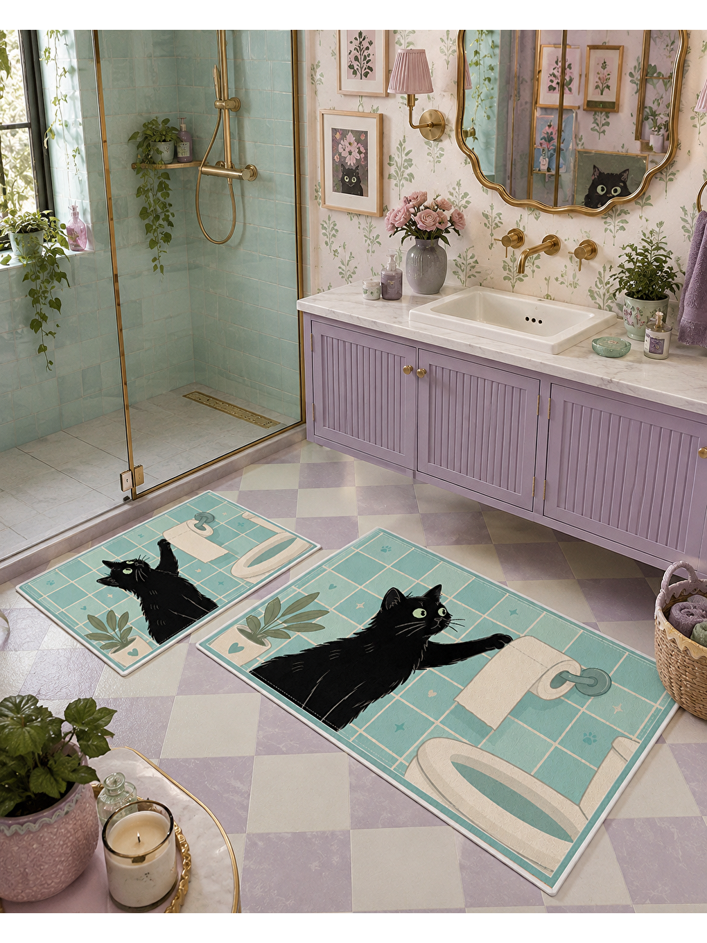 Siyah Kedi Desenli Kaymaz Taban Banyo Paspası 2’li Set Mint Mavi Çocuk Banyo Halısı-3