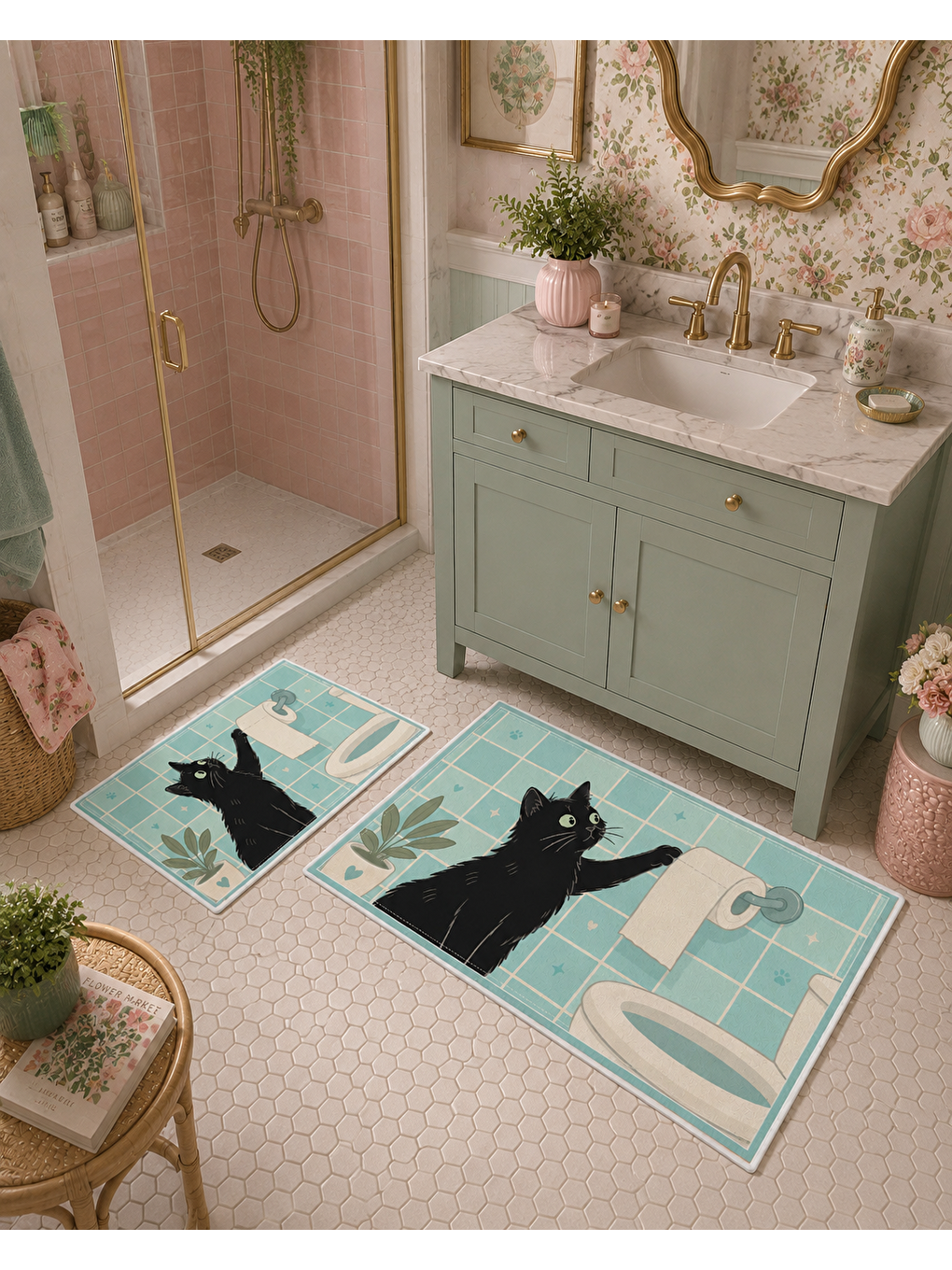Siyah Kedi Desenli Kaymaz Taban Banyo Paspası 2’li Set Mint Mavi Çocuk Banyo Halısı-4