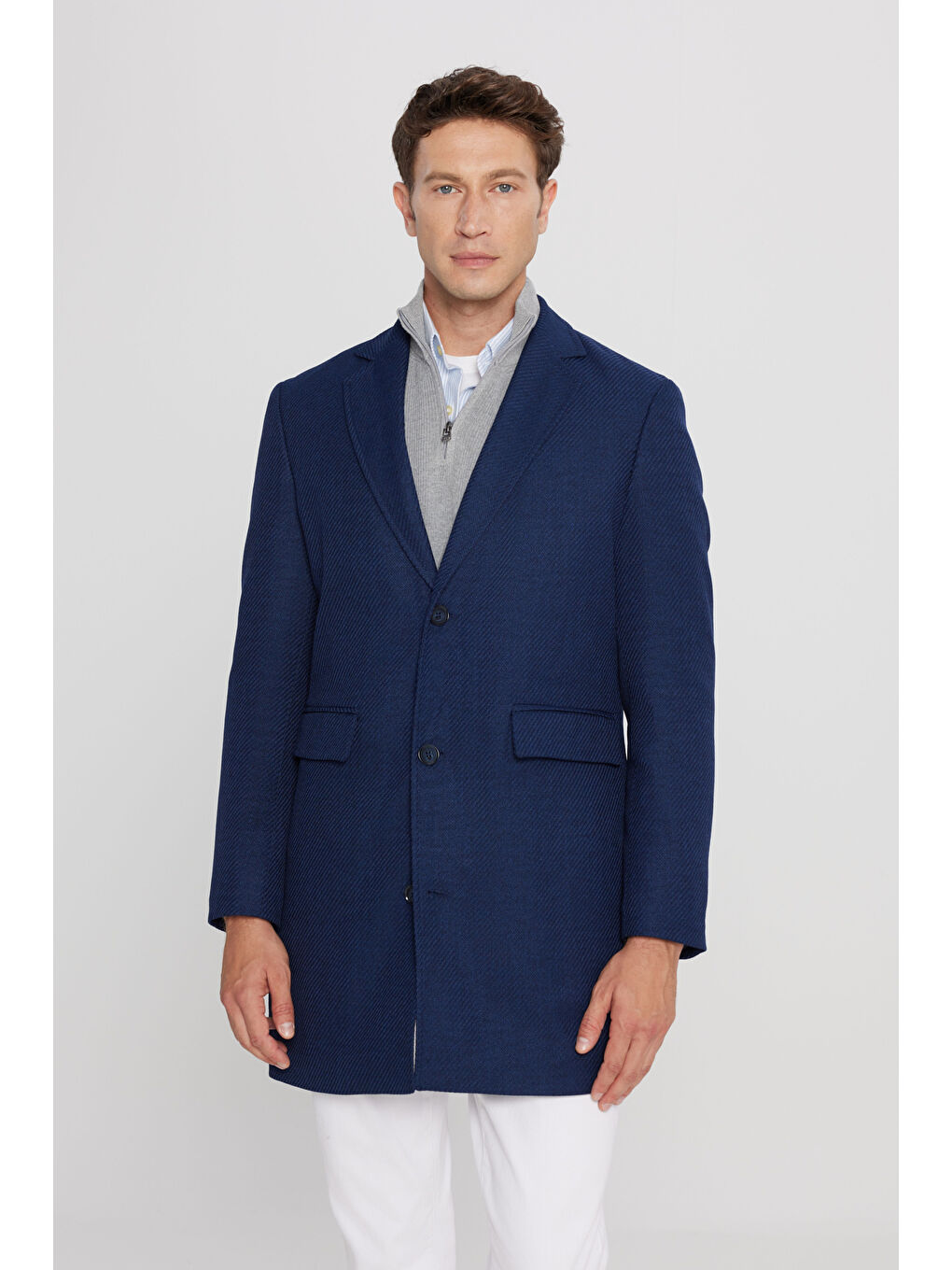 Erkek Lacivert Standart Fit Normal Kesim Mono Yaka Armürlü Kapak Cepli Palto