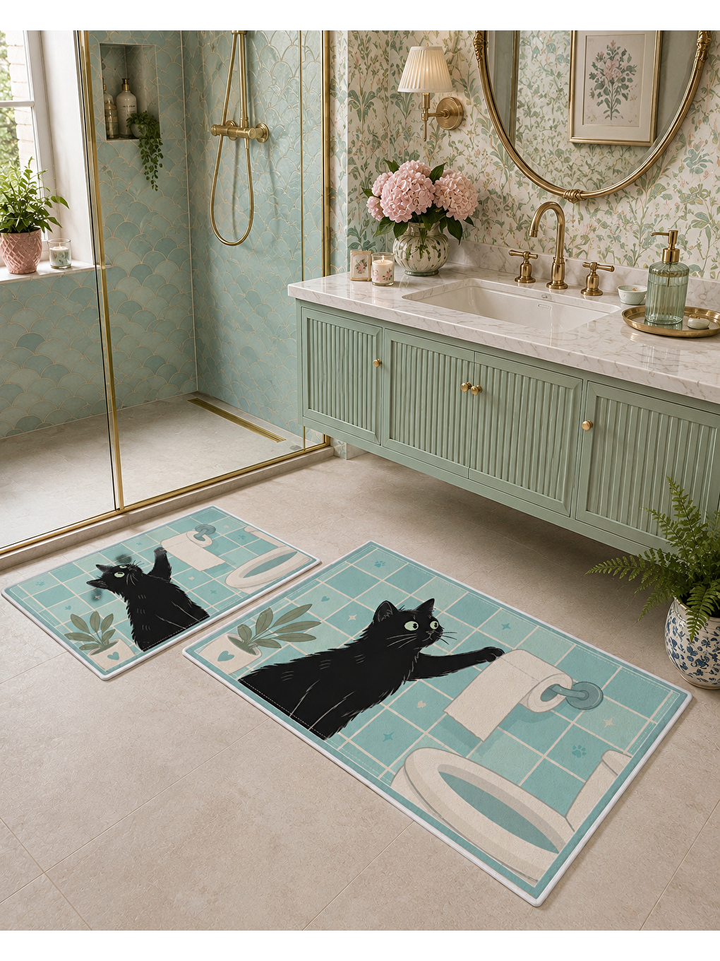 Siyah Kedi Desenli Kaymaz Taban Banyo Paspası 2’li Set Mint Mavi Çocuk Banyo Halısı-5