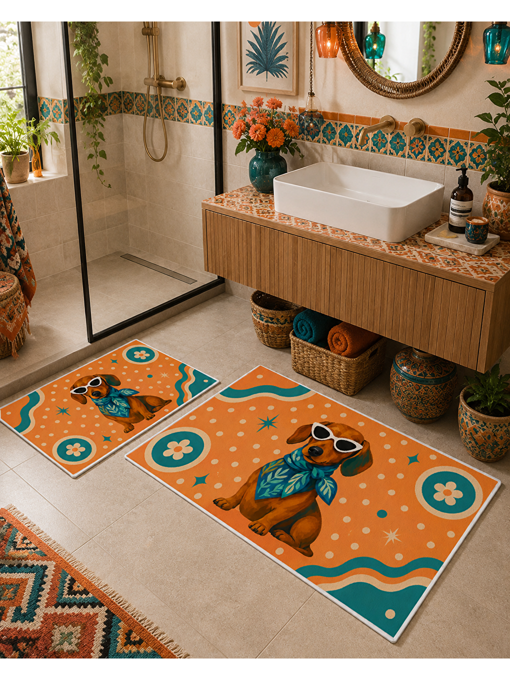 Turuncu Mavi Köpek Desenli Kaymaz Taban Banyo Paspası 2’li Set Renkli Banyo Halısı-2