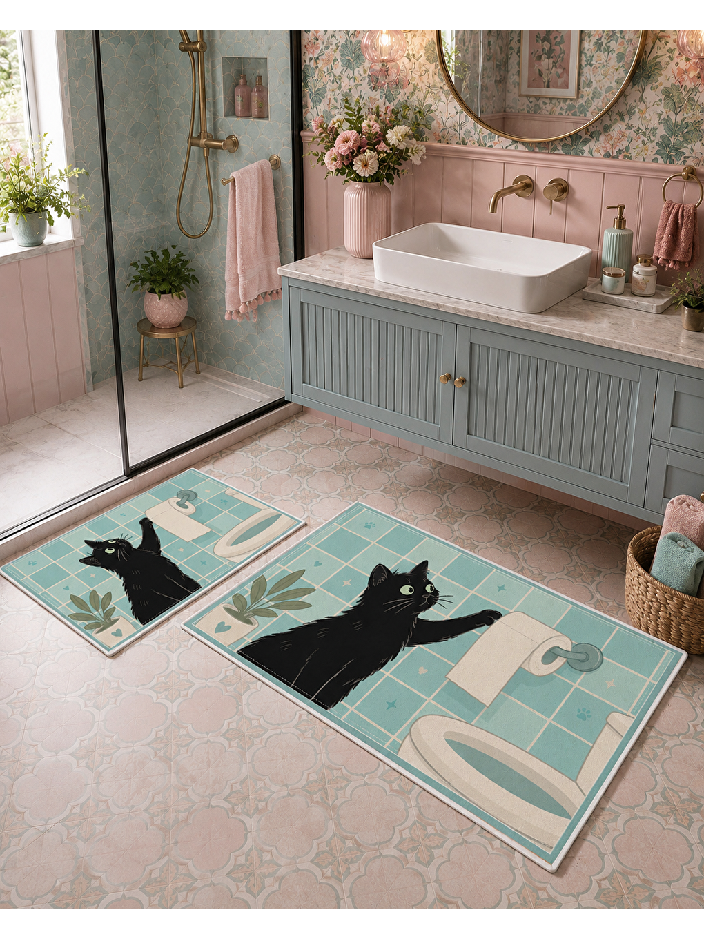 Siyah Kedi Desenli Kaymaz Taban Banyo Paspası 2’li Set Mint Mavi Çocuk Banyo Halısı-6