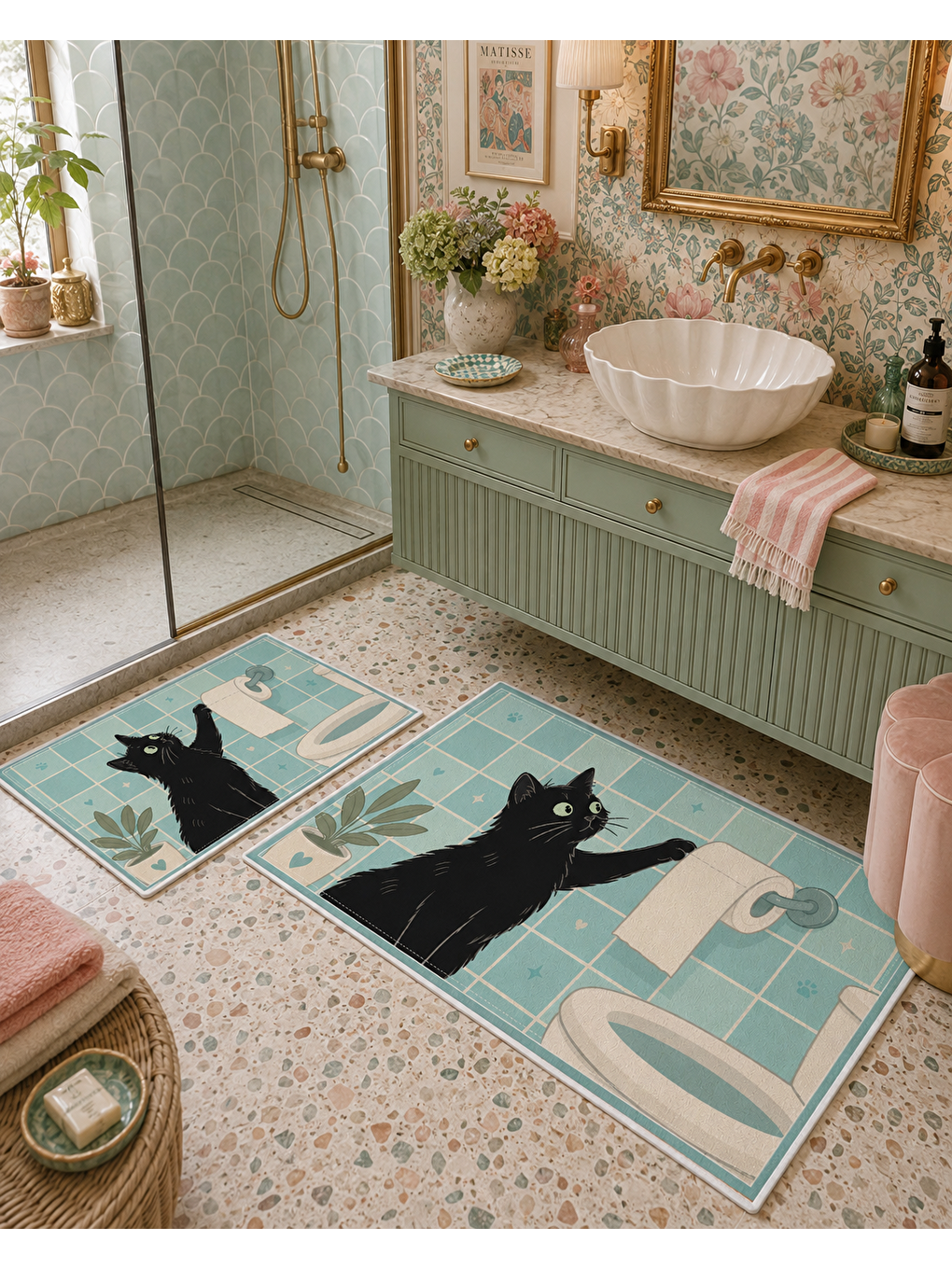Siyah Kedi Desenli Kaymaz Taban Banyo Paspası 2’li Set Mint Mavi Çocuk Banyo Halısı-7