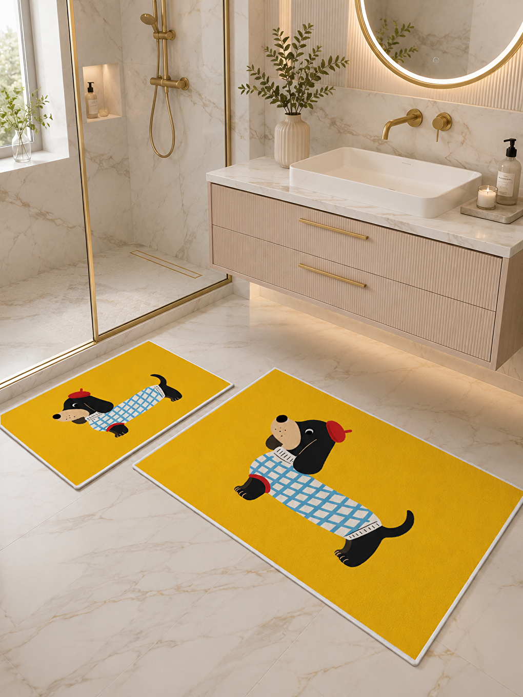 Sarı Kız Figürlü Kaymaz Taban Banyo Paspası 2’li Set Modern Çocuk Banyo Halısı-1