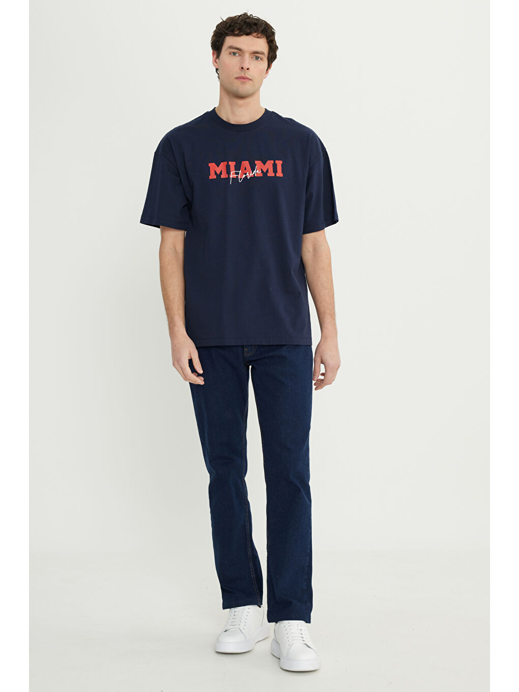 Erkek Lacivert-Kırmızı Oversize %100 Pamuk Geniş Kesim Baskılı Bisiklet Yaka Tişört-1