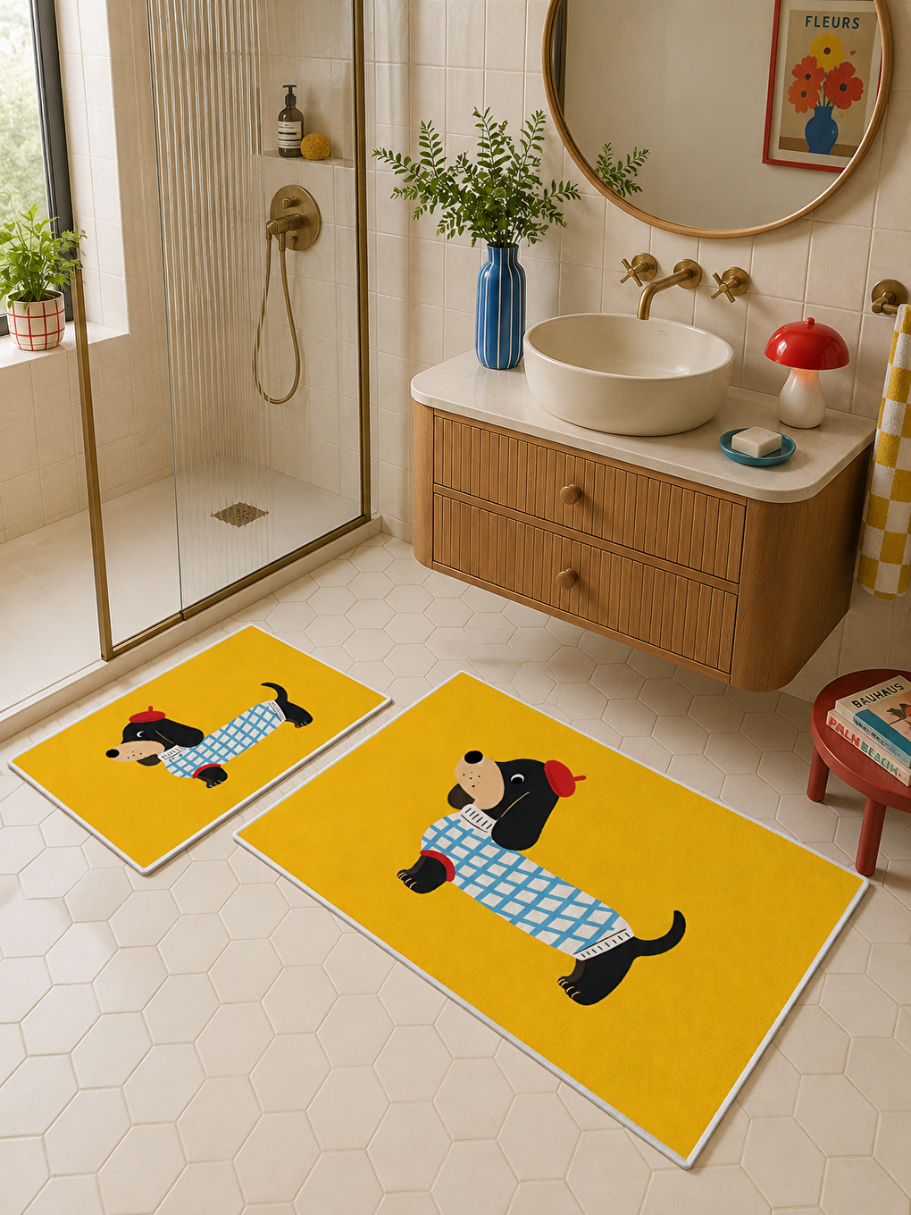 Sarı Kız Figürlü Kaymaz Taban Banyo Paspası 2’li Set Modern Çocuk Banyo Halısı-2