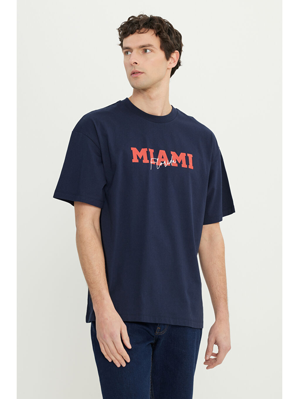 Erkek Lacivert-Kırmızı Oversize %100 Pamuk Geniş Kesim Baskılı Bisiklet Yaka Tişört-2