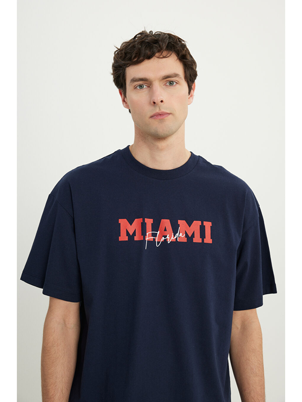 Erkek Lacivert-Kırmızı Oversize %100 Pamuk Geniş Kesim Baskılı Bisiklet Yaka Tişört-3