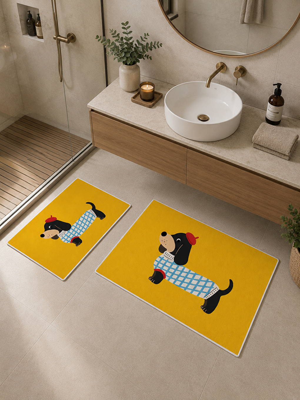 Sarı Kız Figürlü Kaymaz Taban Banyo Paspası 2’li Set Modern Çocuk Banyo Halısı-3