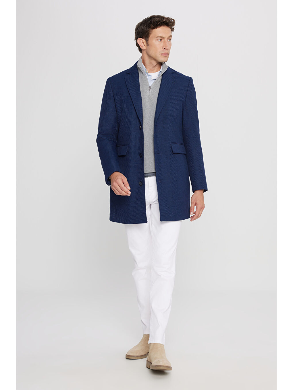 Erkek Lacivert Standart Fit Normal Kesim Mono Yaka Armürlü Kapak Cepli Palto-1